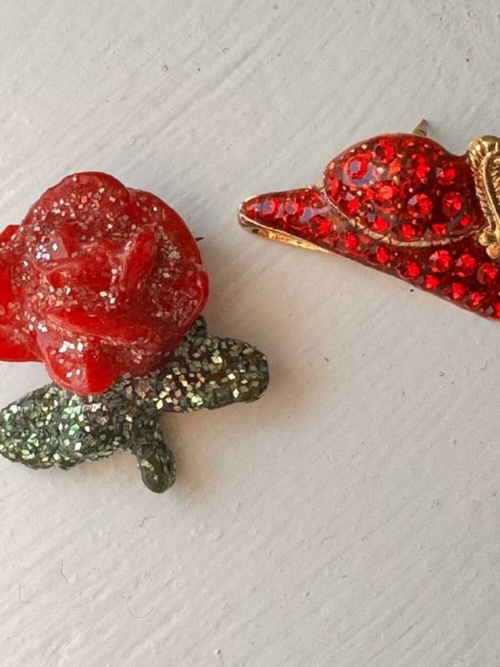 Vintage 90’s Brooches Rose and Hat Set of Two.  Beautiful sparkly rose and red s